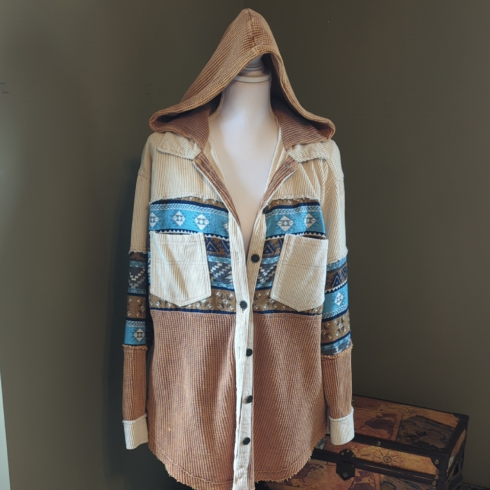 Brown and Blue Utility Jacket with Hood